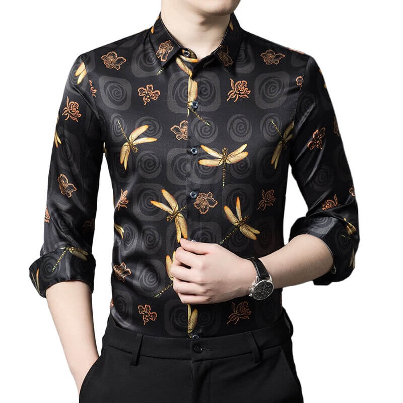 Dragonfly Printed Mens Black Long Sleeve Silk Shirt