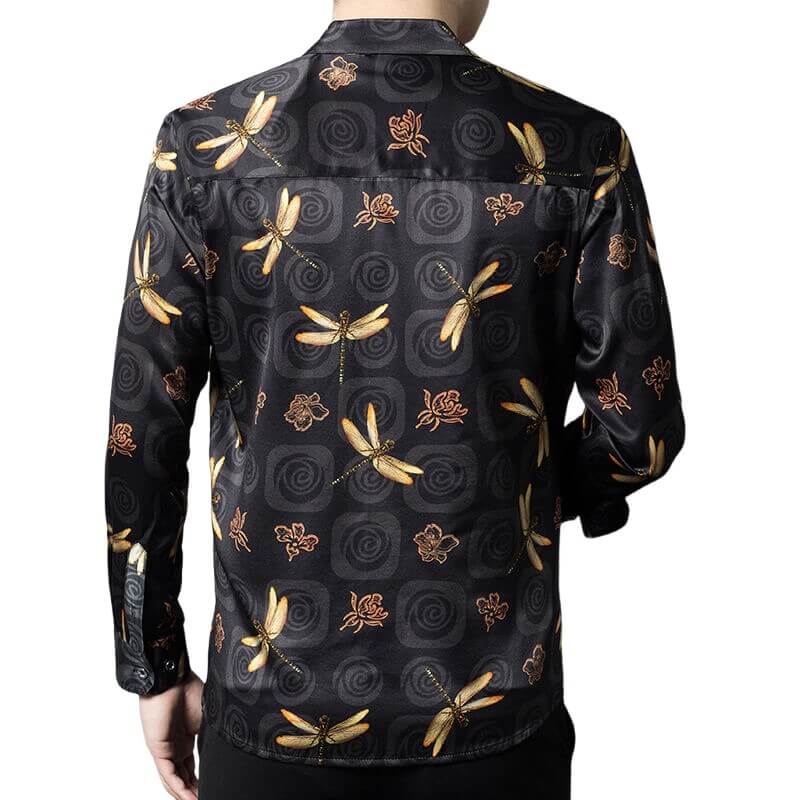 Dragonfly Printed Mens Black Long Sleeve Silk Shirt