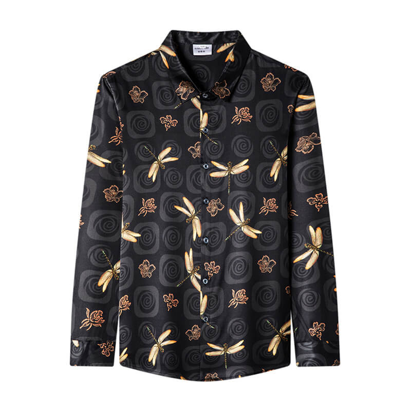 Dragonfly Printed Mens Black Long Sleeve Silk Shirt