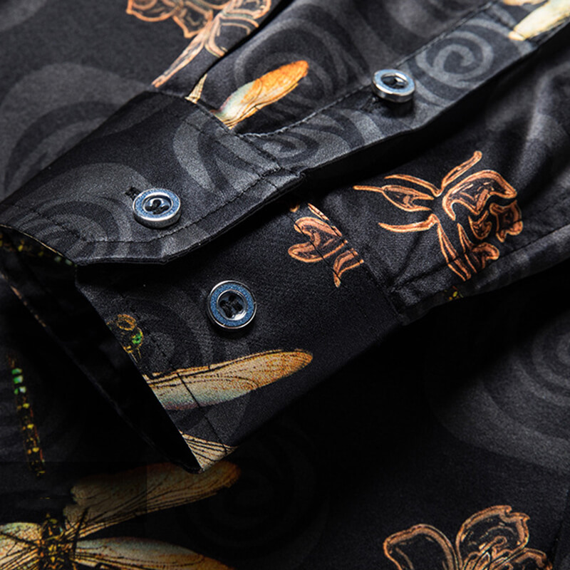 Dragonfly Printed Mens Black Long Sleeve Silk Shirt