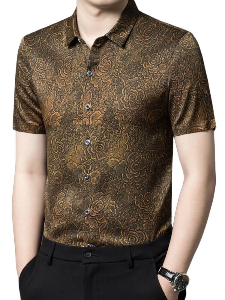 Gold Floral Silk Dress Shirt Mens Short Sleeve Summer Silk Shirt