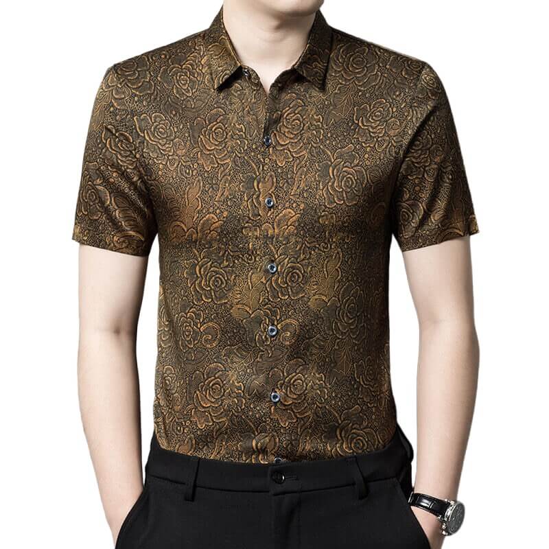 Gold Floral Silk Dress Shirt Mens Short Sleeve Summer Silk Shirt