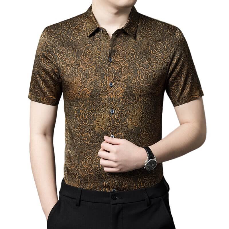 Gold Floral Silk Dress Shirt Mens Short Sleeve Summer Silk Shirt