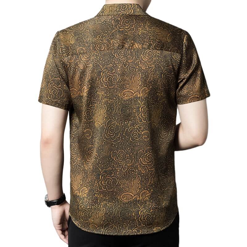 Gold Floral Silk Dress Shirt Mens Short Sleeve Summer Silk Shirt