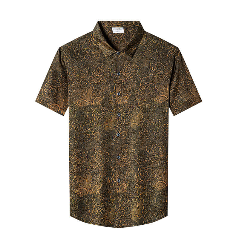 Brown Floral Men's Button-down Short Sleeve Black Silk Shirt