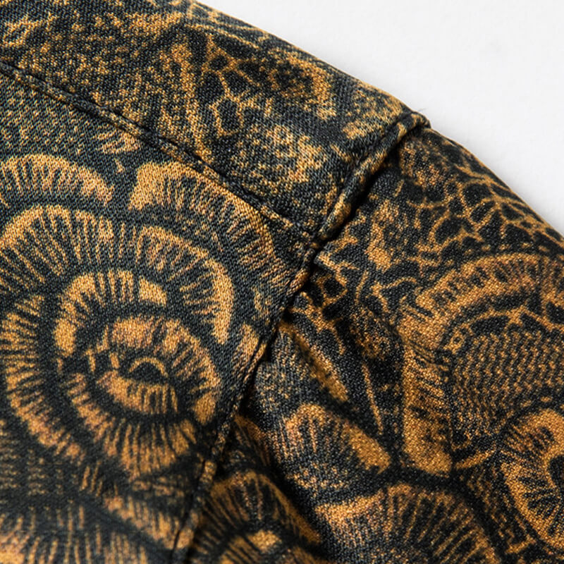 Brown Floral Men's Button-down Short Sleeve Black Silk Shirt
