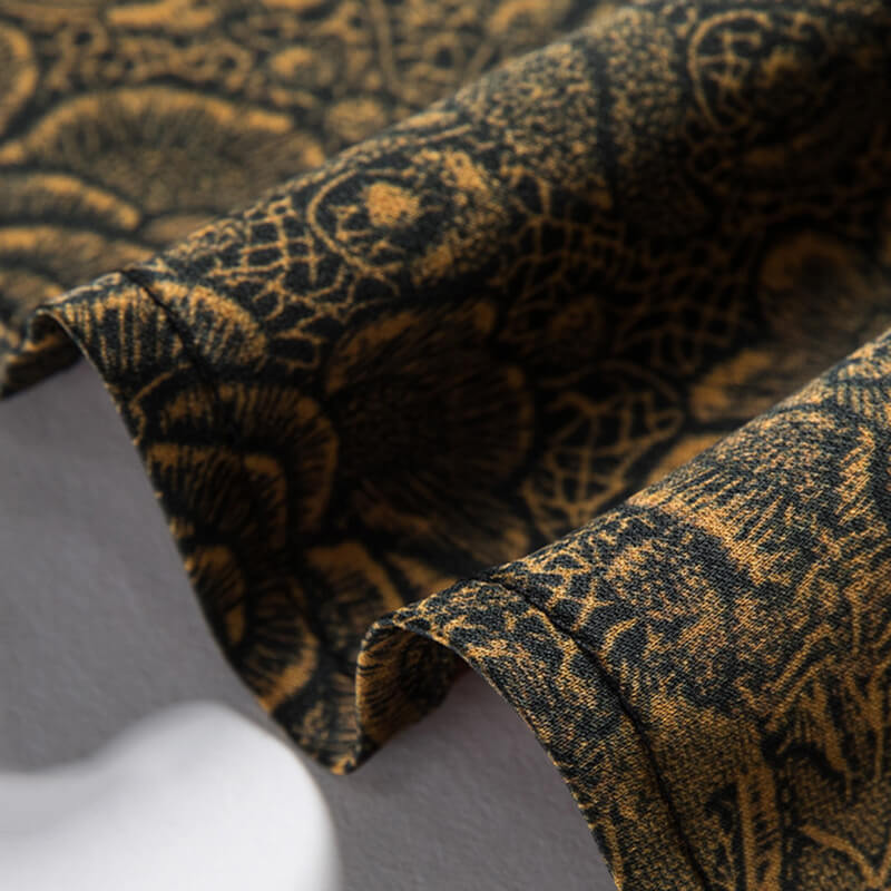 Brown Floral Men's Button-down Short Sleeve Black Silk Shirt