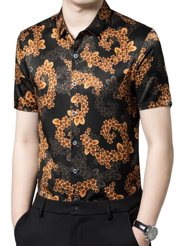 Gold Floral Printed Short Sleeve Silk Shirt For Men