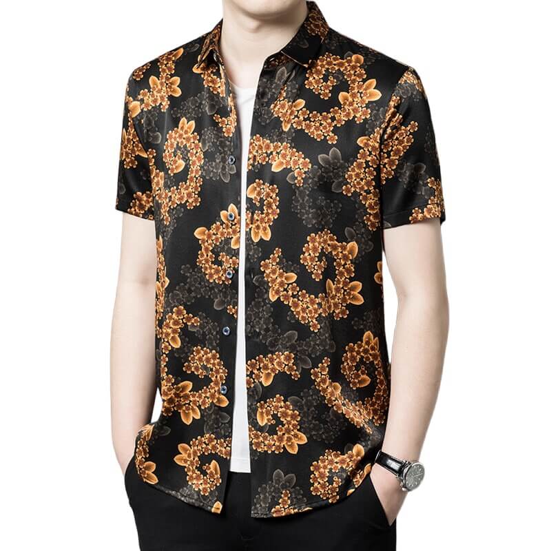 Gold Floral Printed Short Sleeve Silk Shirt For Men