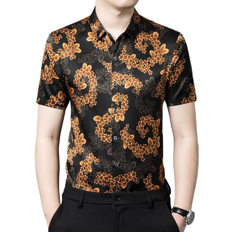 Gold Floral Printed Short Sleeve Silk Shirt For Men