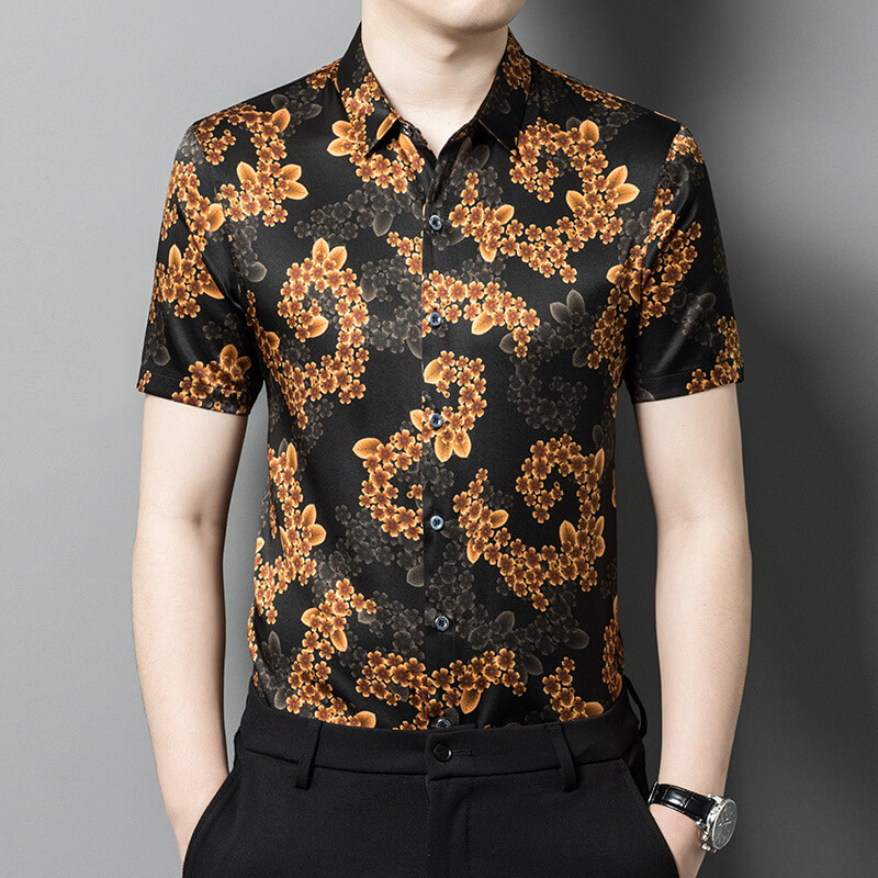 Gold Floral Printed Short Sleeve Silk Shirt For Men