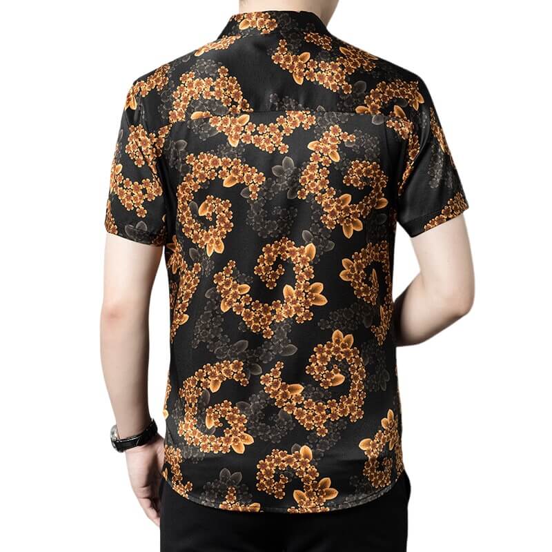 Gold Floral Printed Short Sleeve Silk Shirt For Men