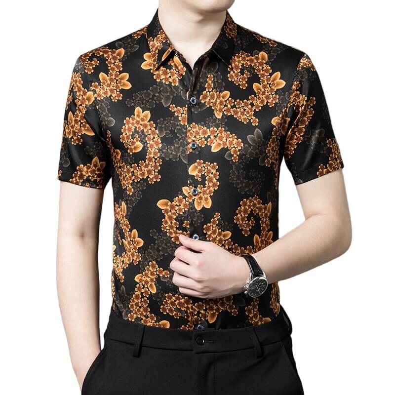 Gold Floral Printed Short Sleeve Silk Shirt For Men