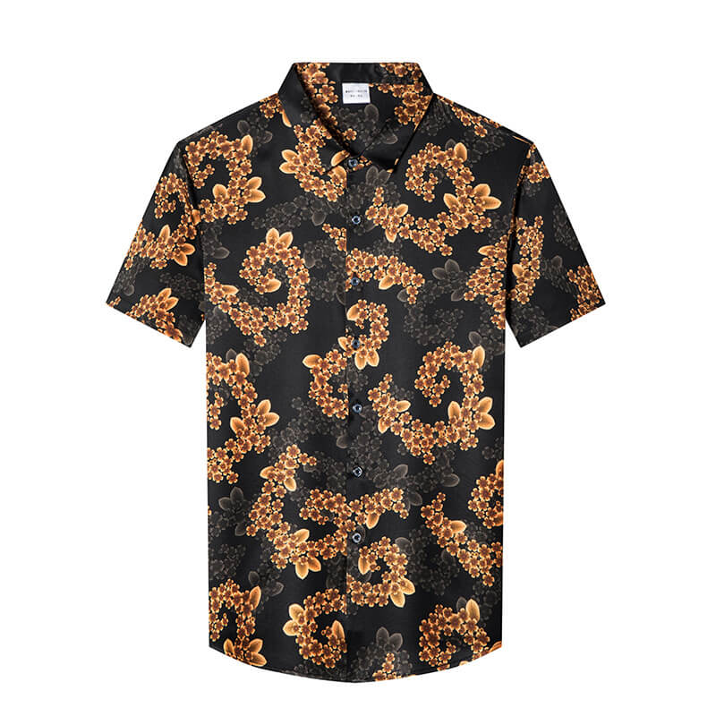 Gold Floral Printed Short Sleeve Silk Shirt For Men