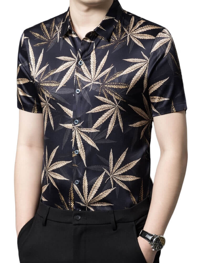 Leaf Print Short Sleeve Summer Silk Dress Shirt For Men