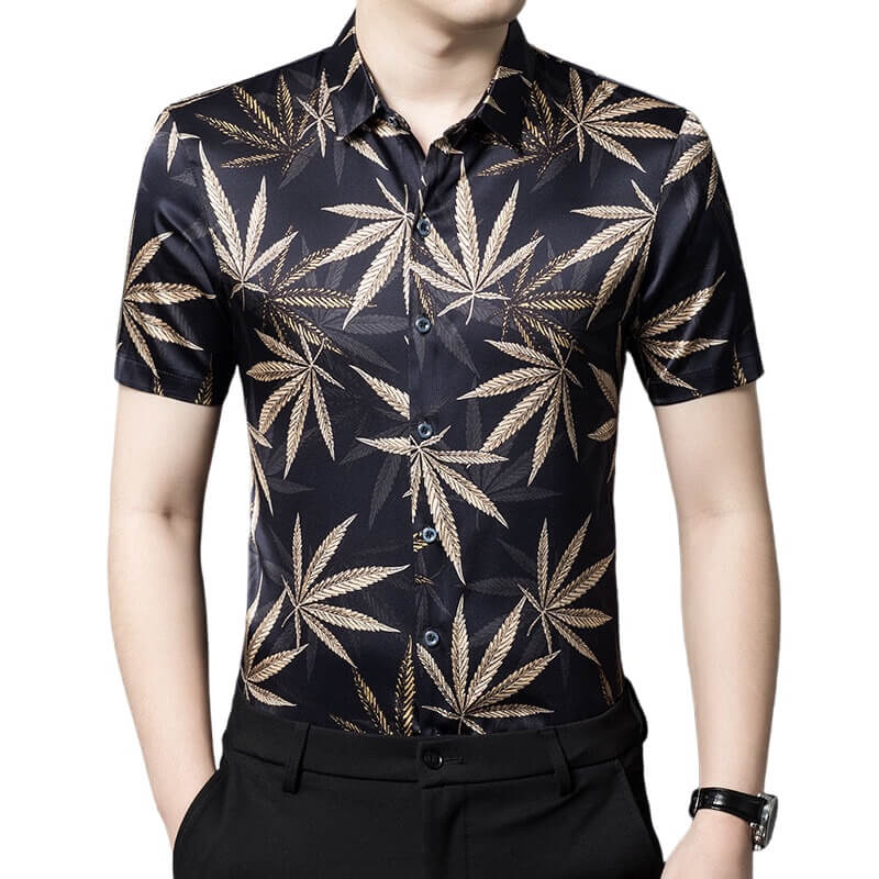 Leaf Print Short Sleeve Summer Silk Dress Shirt For Men