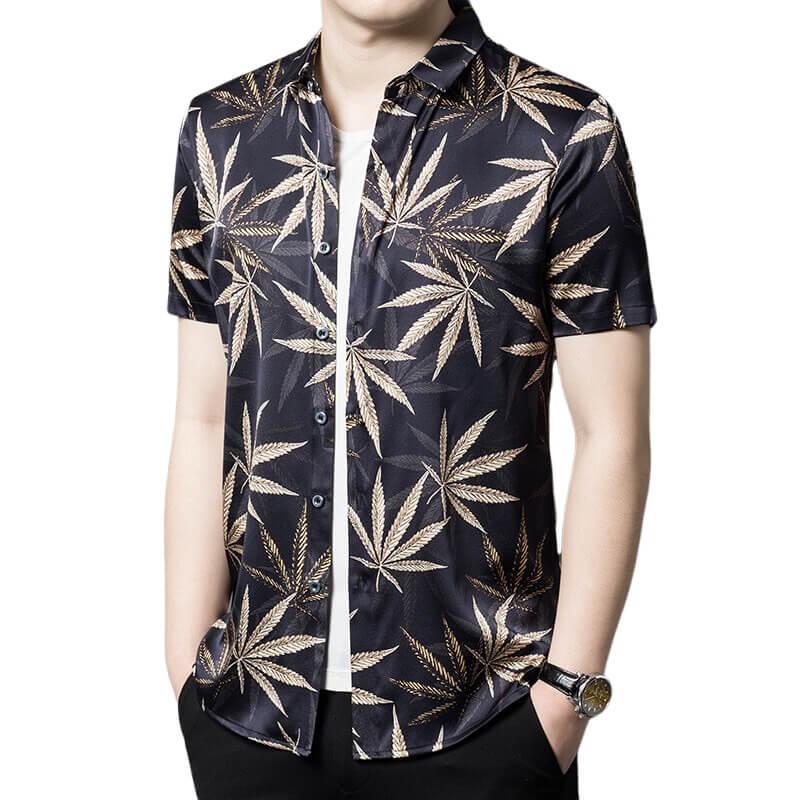 Leaf Print Short Sleeve Summer Silk Dress Shirt For Men