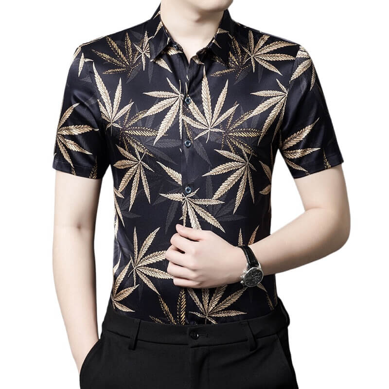 Leaf Print Short Sleeve Summer Silk Dress Shirt For Men