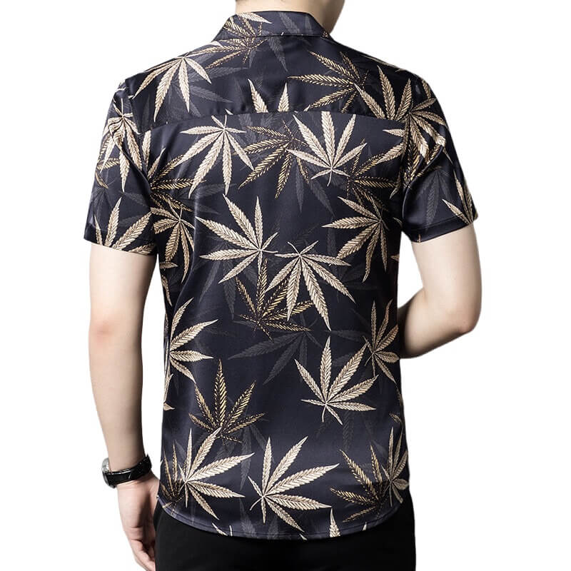 Leaf Print Short Sleeve Summer Silk Dress Shirt For Men