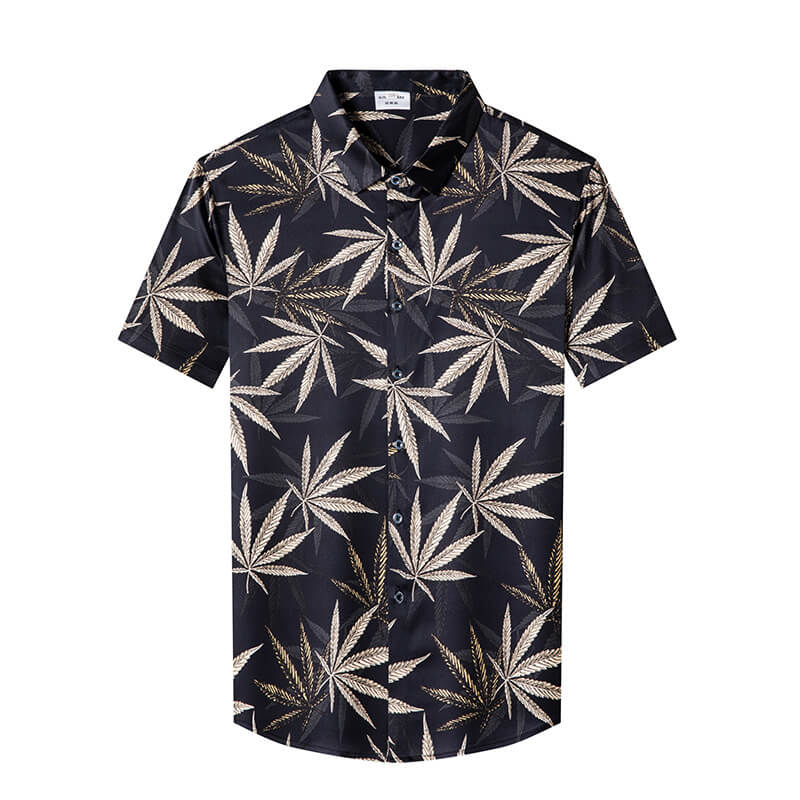 Leaf Print Short Sleeve Summer Silk Dress Shirt For Men