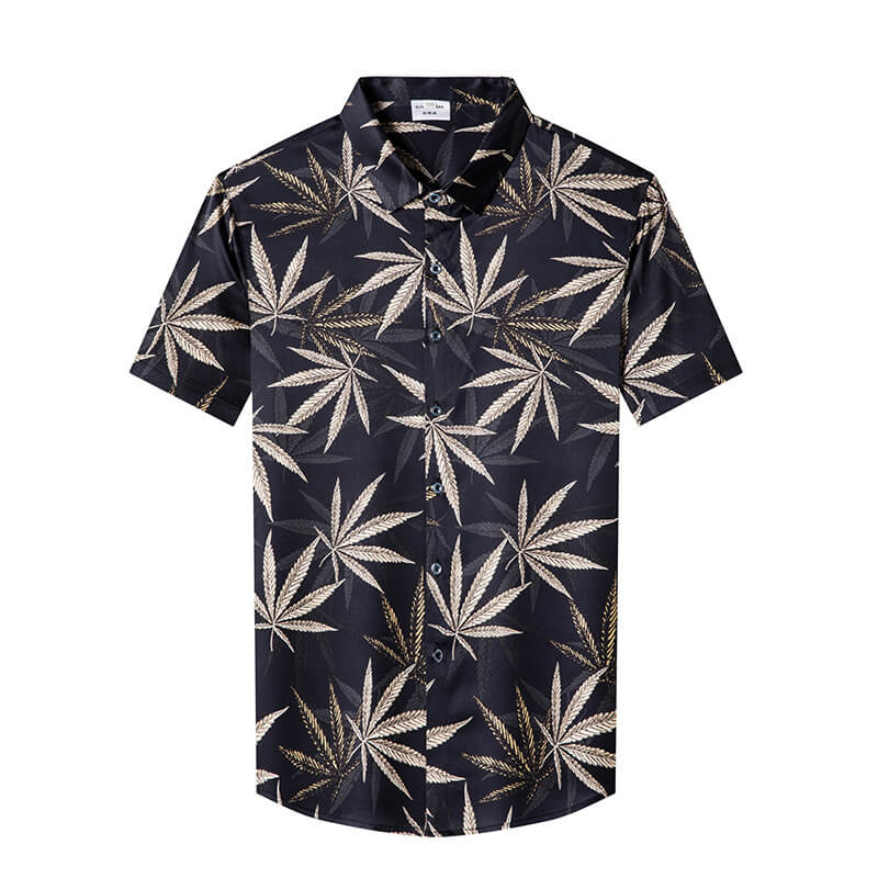 Men's Black Short Sleeve Silk Shirt with Gold Maple Leaf Print