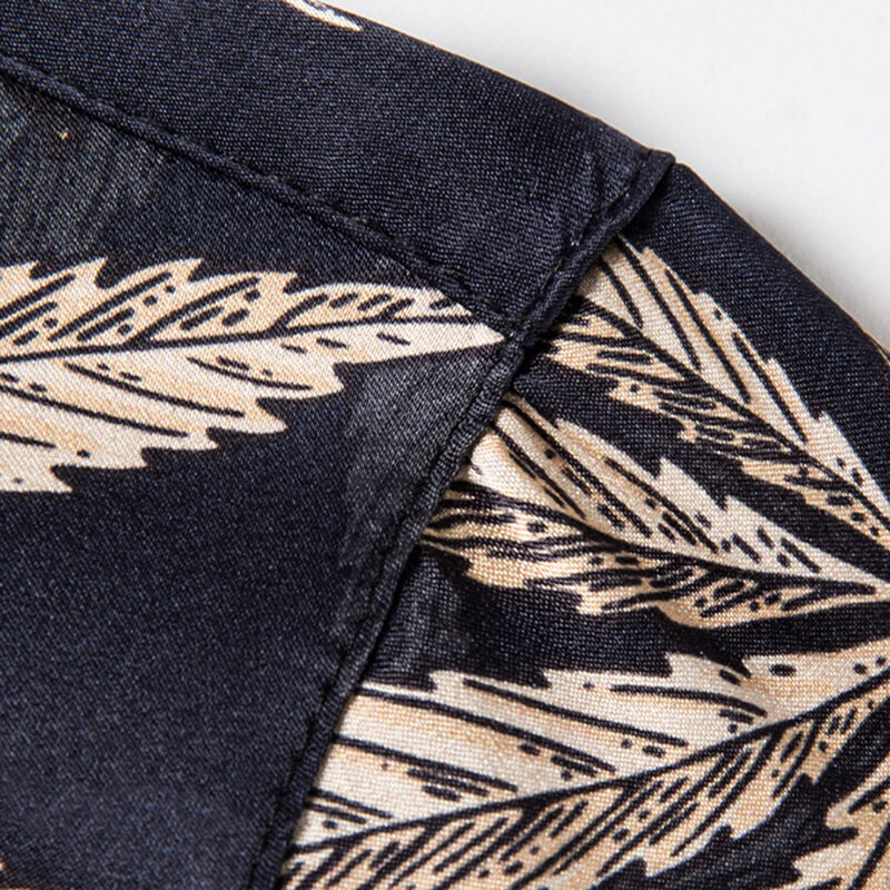 Men's Black Short Sleeve Silk Shirt with Gold Maple Leaf Print