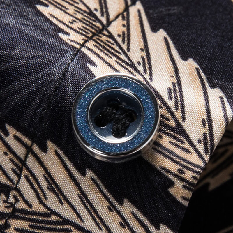 Men's Black Short Sleeve Silk Shirt with Gold Maple Leaf Print