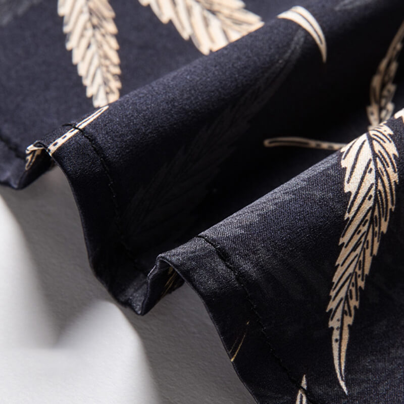 Men's Black Short Sleeve Silk Shirt with Gold Maple Leaf Print