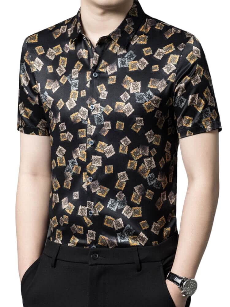 Mens Summer Short Sleeve Printed Black Silk Shirt