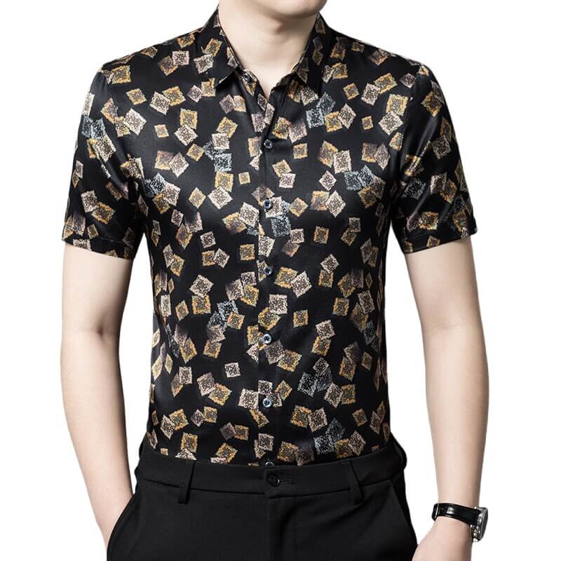 Stamps Print Men's Short Sleeve Black Silk Shirt