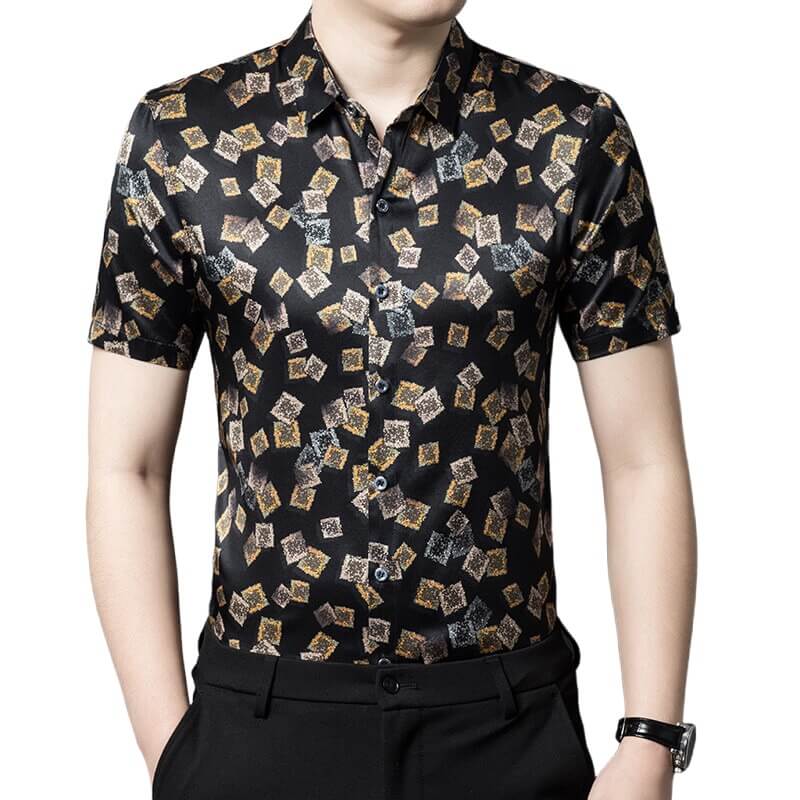 Mens Summer Short Sleeve Printed Black Silk Shirt