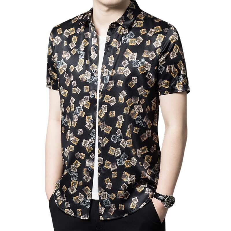 Mens Summer Short Sleeve Printed Black Silk Shirt