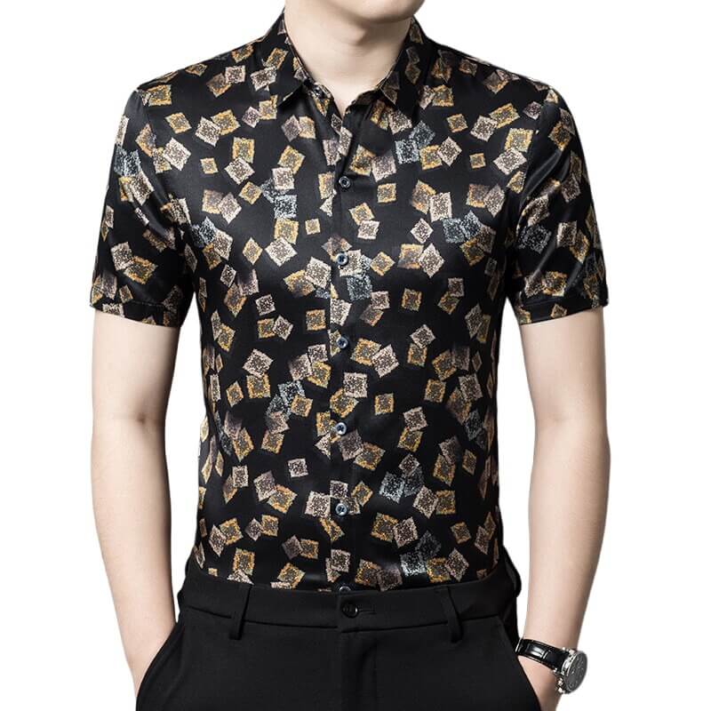 Mens Summer Short Sleeve Printed Black Silk Shirt