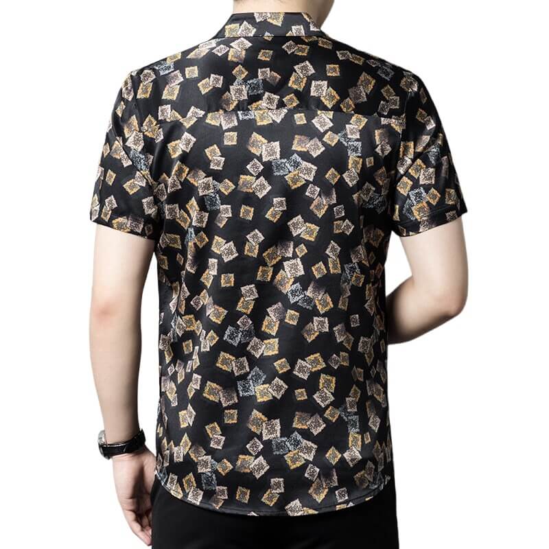 Mens Summer Short Sleeve Printed Black Silk Shirt