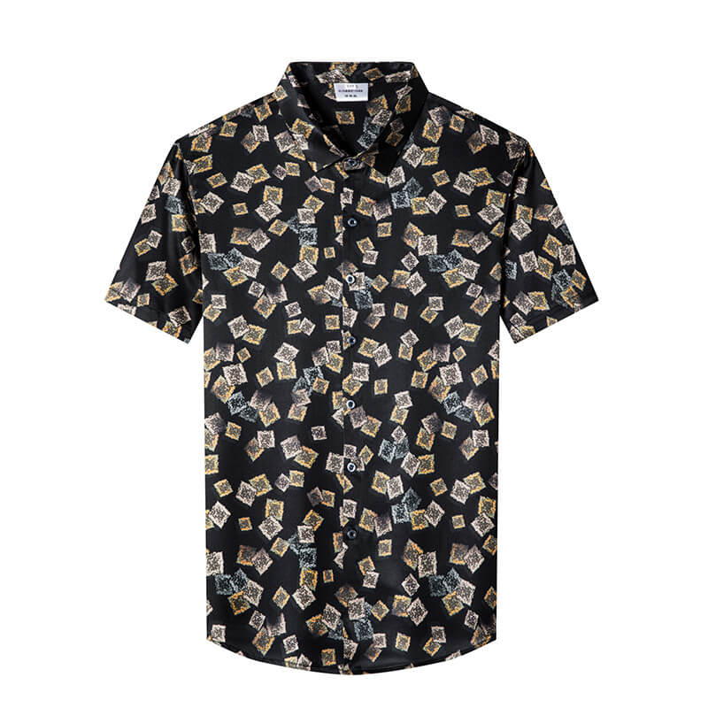 Stamps Print Men's Short Sleeve Black Silk Shirt