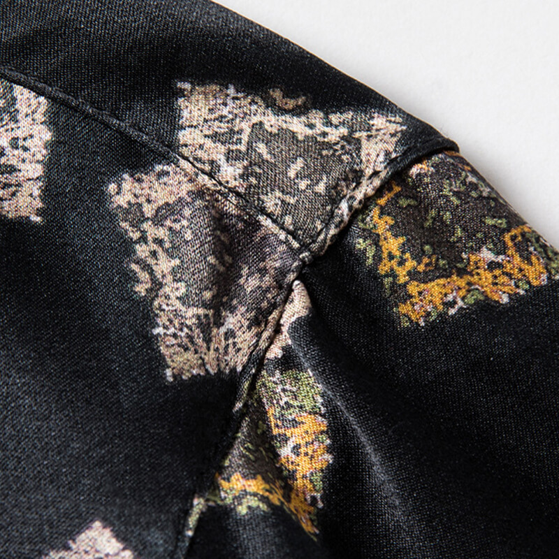 Stamps Print Men's Short Sleeve Black Silk Shirt