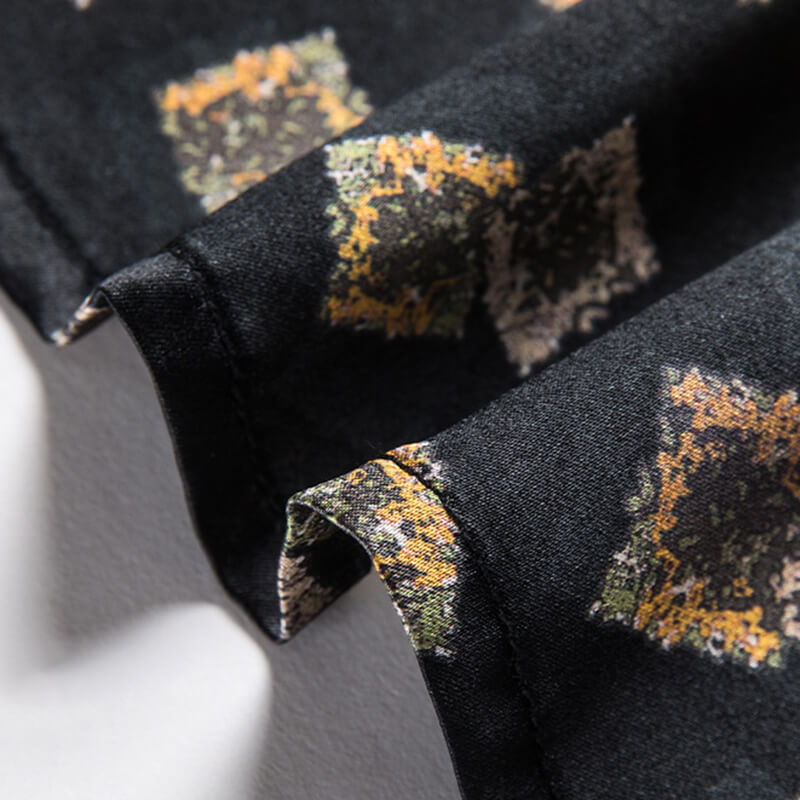 Stamps Print Men's Short Sleeve Black Silk Shirt