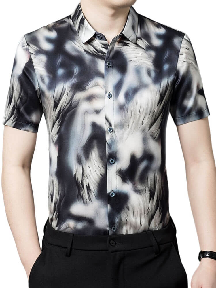 Abstract Wolves Printed Mens Short-sleeve Black Silk Shirt