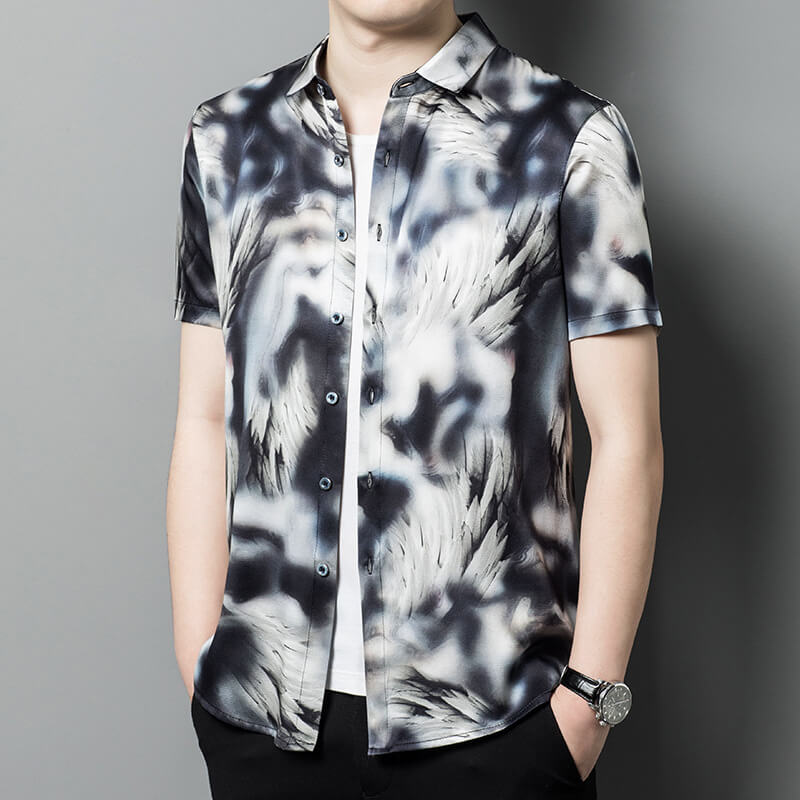 Abstract Wolves Printed Mens Short-sleeve Black Silk Shirt
