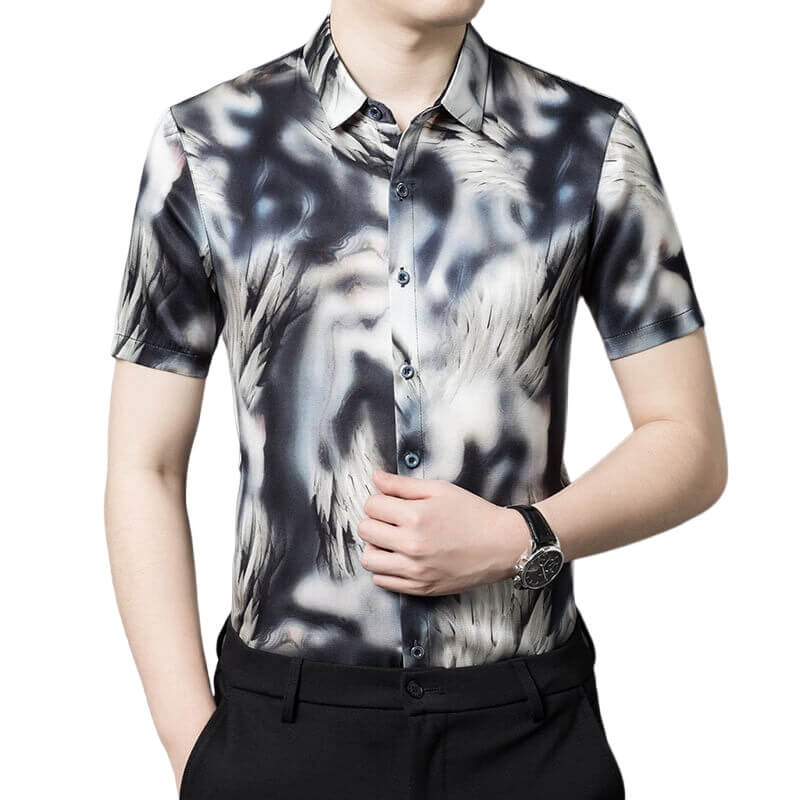 Abstract Wolves Printed Mens Short-sleeve Black Silk Shirt