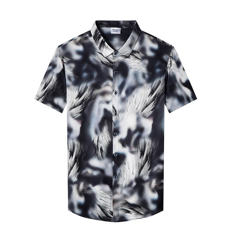 Abstract Wolves Printed Mens Short-sleeve Black Silk Shirt