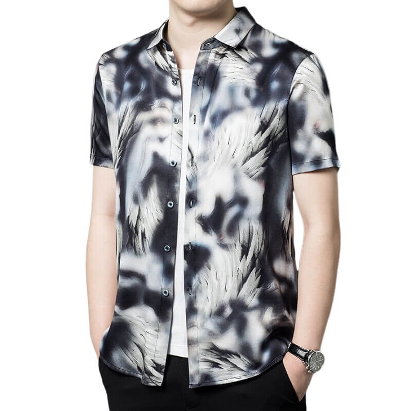 Abstract Wolves Printed Mens Short-sleeve Black Silk Shirt