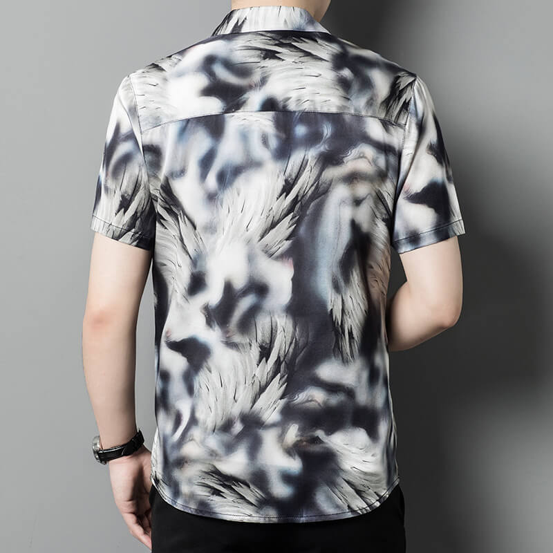 Abstract Wolves Printed Mens Short-sleeve Black Silk Shirt