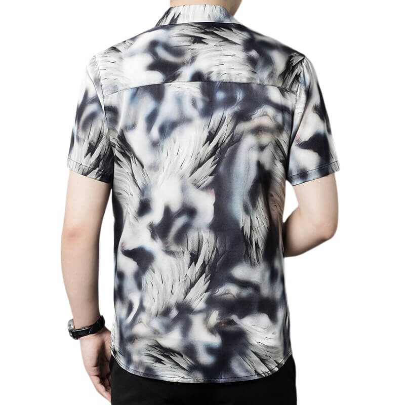 Abstract Wolves Printed Mens Short-sleeve Black Silk Shirt