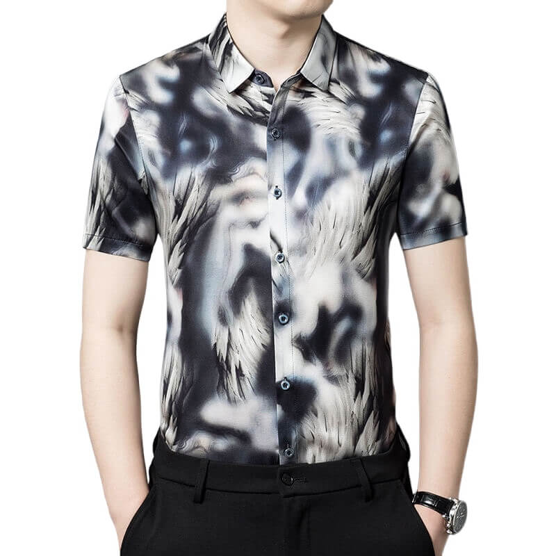 Abstract Wolves Printed Mens Short-sleeve Black Silk Shirt