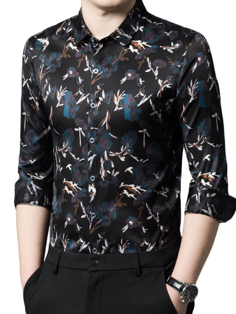 Black Leaves Printed Mens Long Sleeve Silk Dress Shirt