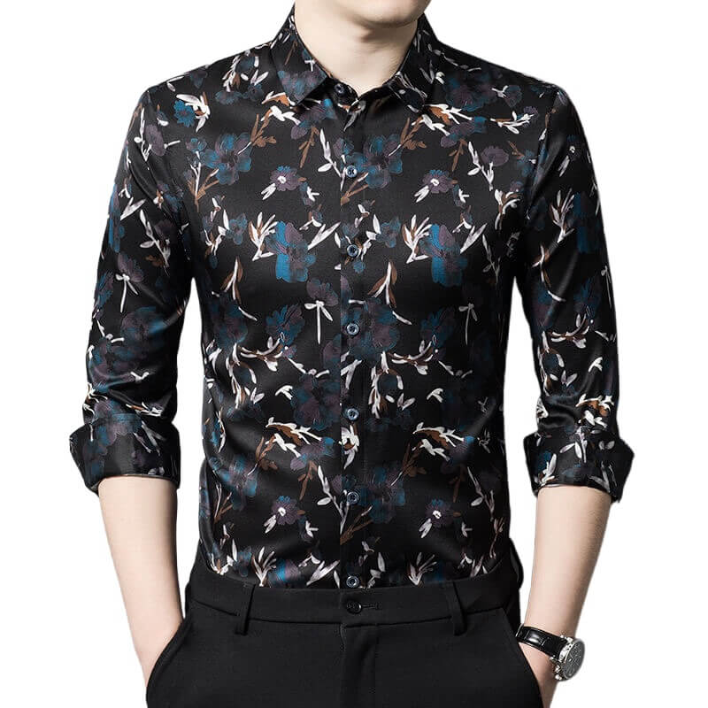 Black Leaves Printed Mens Long Sleeve Silk Dress Shirt