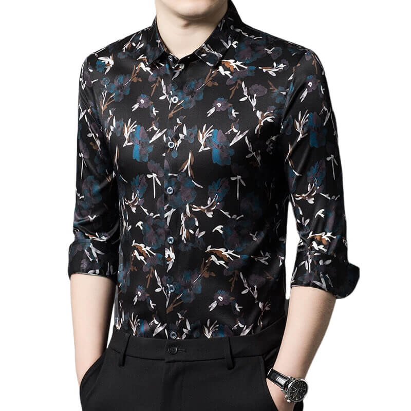 Black Leaves Printed Mens Long Sleeve Silk Dress Shirt