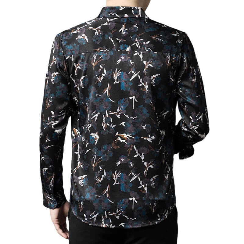 Black Leaves Printed Mens Long Sleeve Silk Dress Shirt