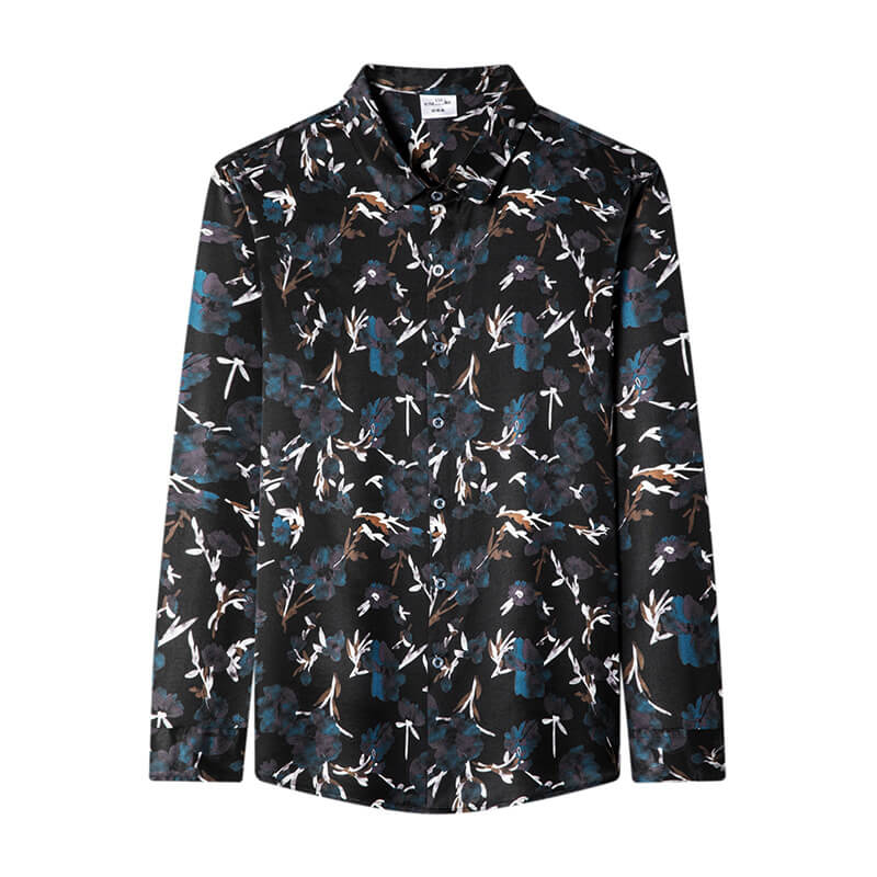 Black Leaves Printed Mens Long Sleeve Silk Dress Shirt